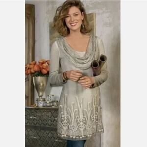 Soft Surroundings 100% Silk Crinkle Beaux Arts Tunic Top Taupe Womens Size Small